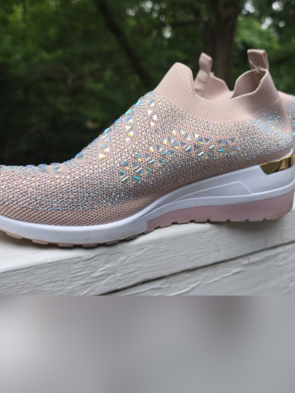 Blush Pink Slip-On Knit Sneakers with Iridescent Crystal Details